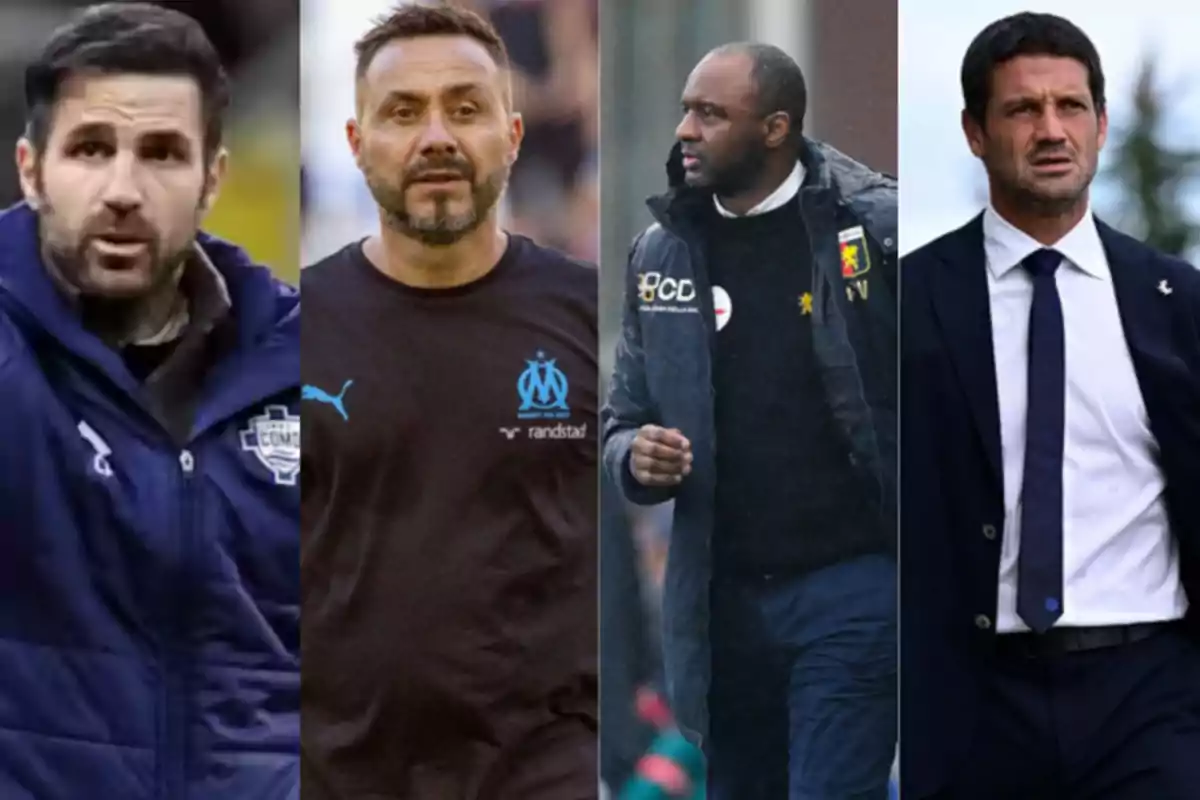 Four soccer coaches pose in different sports settings, each wearing the uniform of their respective team. Four soccer coaches pose in different sports settings, each wearing the uniform of their respective team.