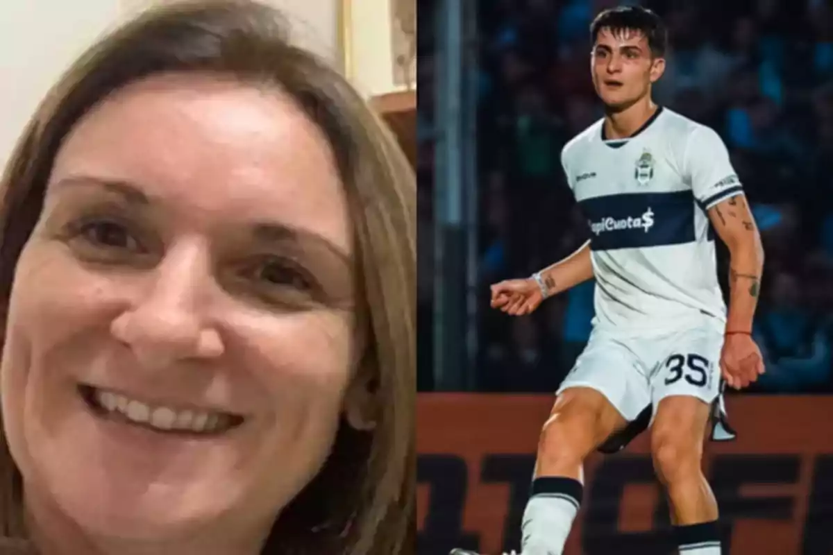 A smiling woman in the foreground on the left and a player in a white uniform playing on a field on the right
