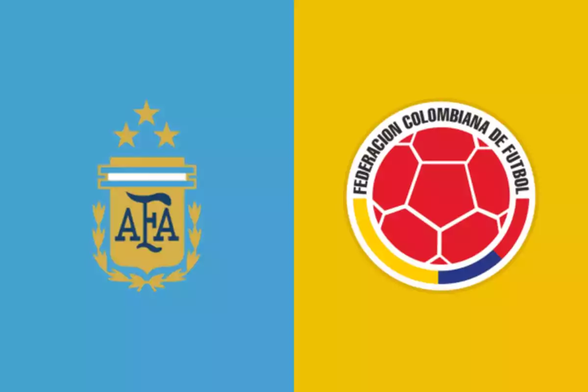 Badges of the Argentine Football Association and the Colombian Football Federation on blue and yellow backgrounds, respectively