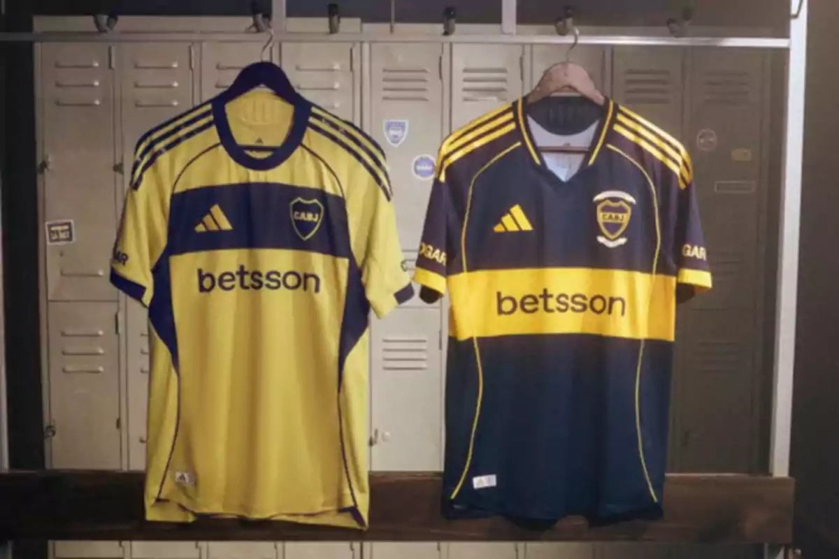 Two Boca Juniors soccer jerseys hanging in a locker room, one yellow with blue details and the other blue with yellow details Two Boca Juniors soccer jerseys hanging in a locker room, one yellow with blue details and the other blue with yellow details