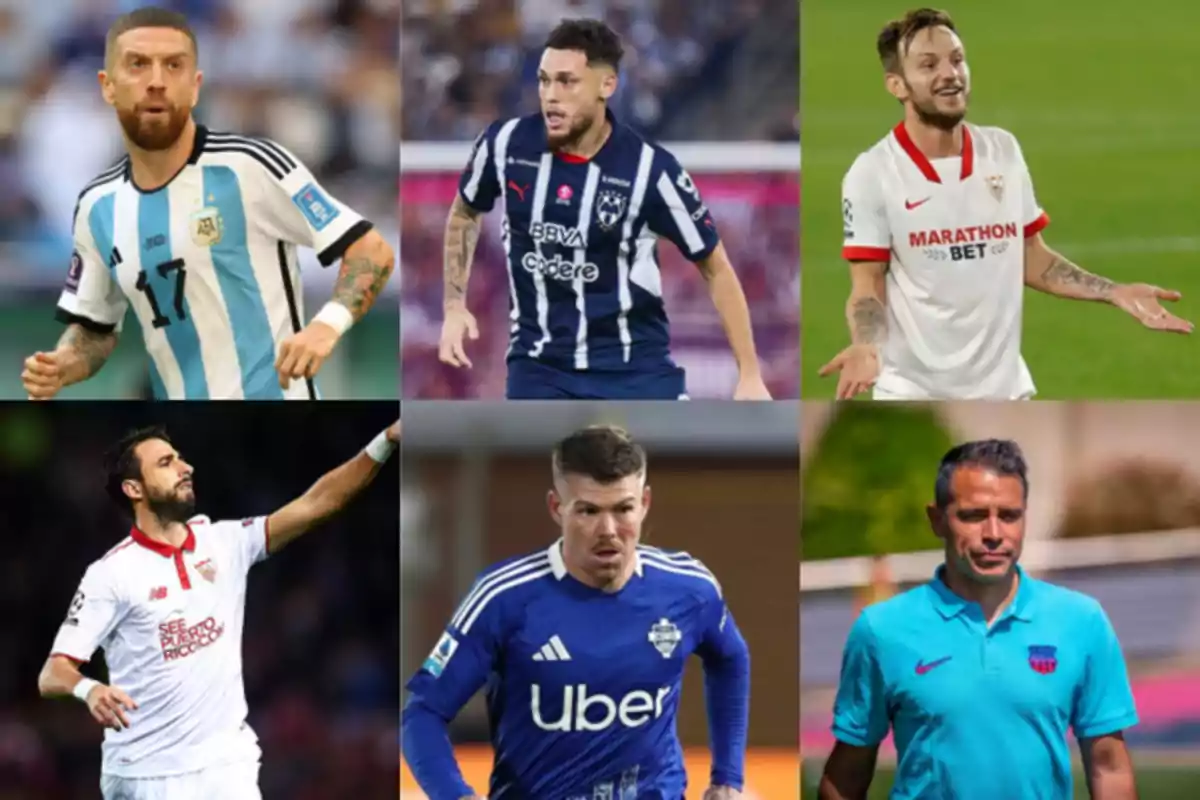 Six men related to soccer appear in different team and national uniforms in an image divided into six panels.