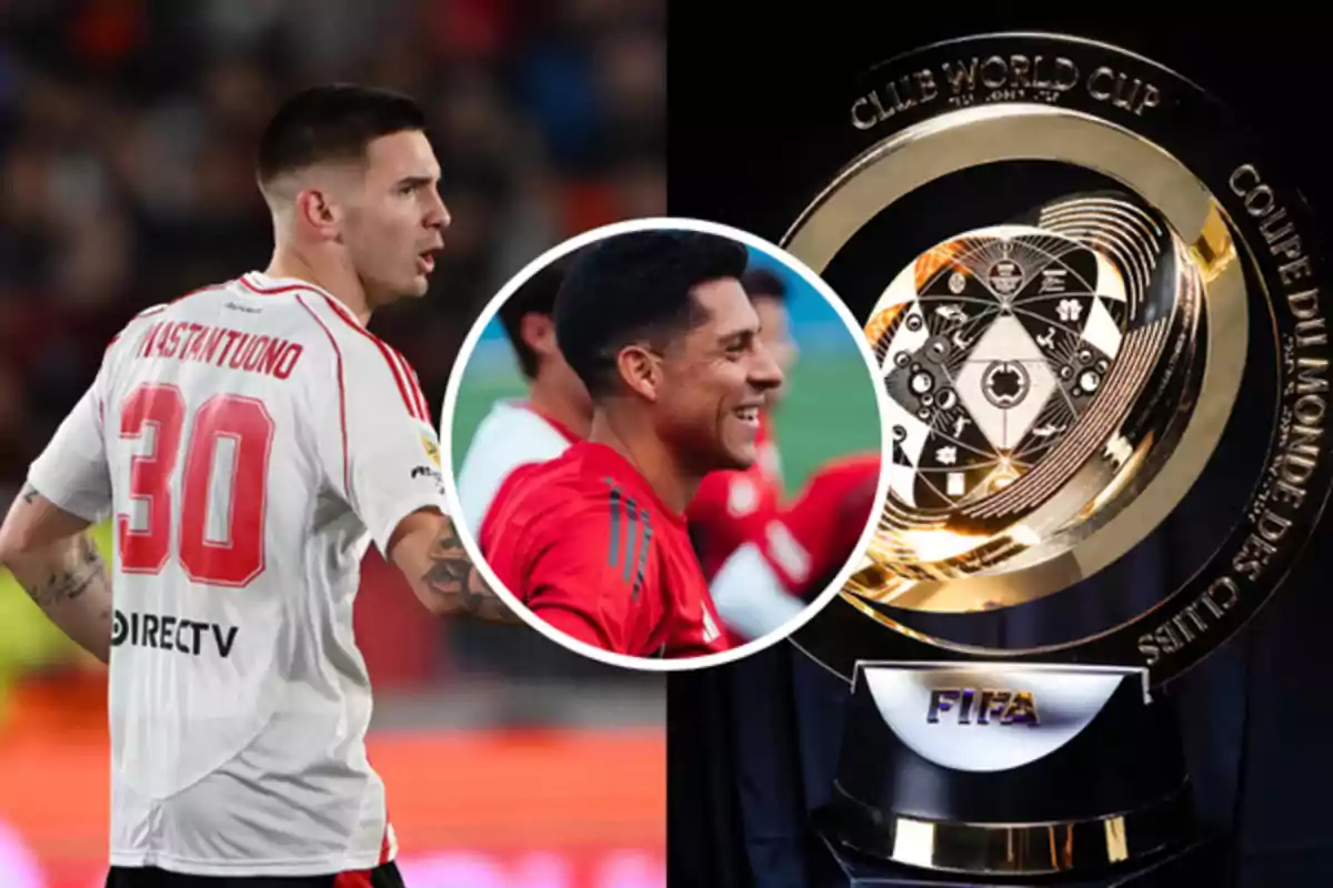 A player wearing River Plate’s number 30 jersey, a circular image of another smiling player, and the FIFA Club World Cup trophy.