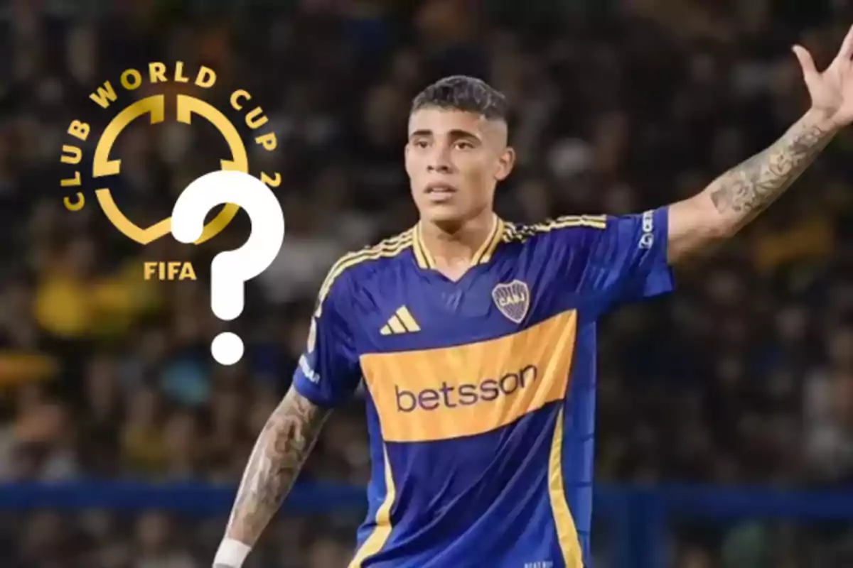 A player in a blue and yellow uniform raises his arm in a stadium, next to the FIFA Club World Cup logo and a question mark.