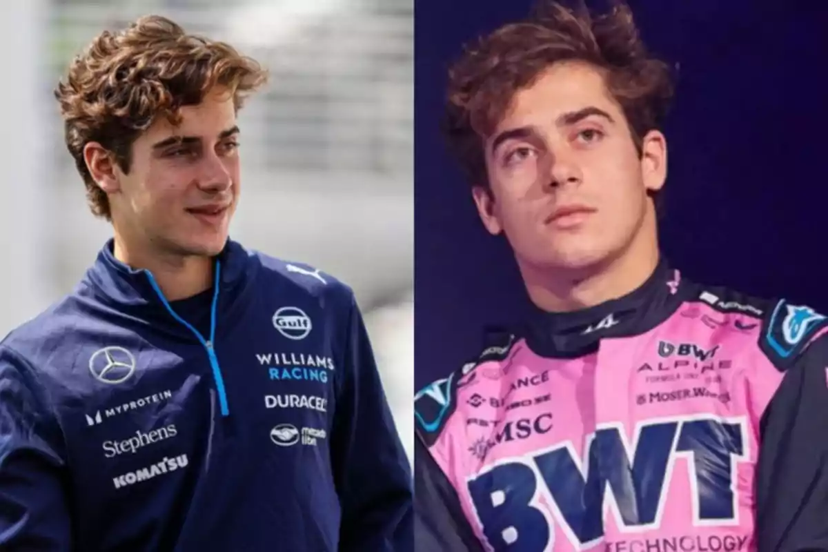 Two young men in racing uniforms, one with a blue Williams Racing jacket and the other in a pink BWT Alpine suit.