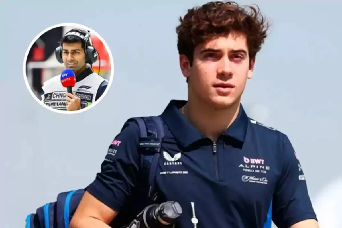 Un joven con uniforme de equipo de carreras lleva una mochila y una botella de agua, mientras que en un recuadro se ve a un reportero con auriculares y un micrófono.