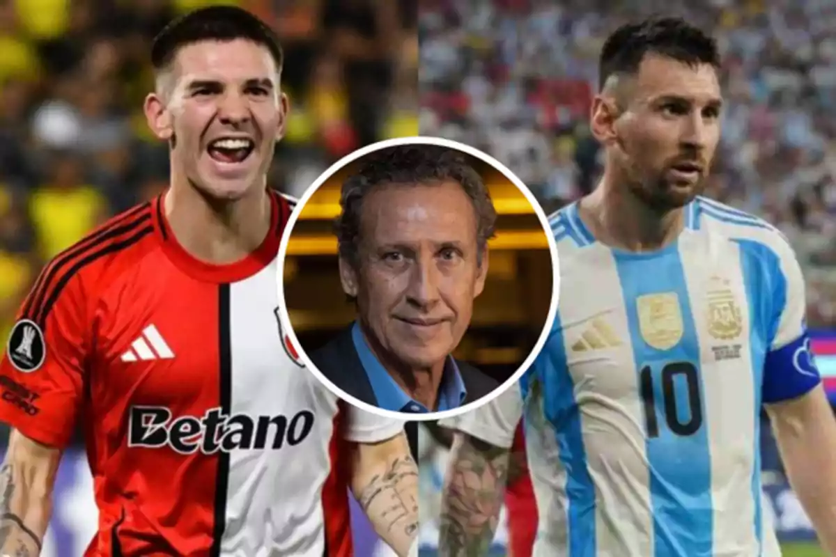 Dos futbolistas en uniforme de juego con un hombre en un círculo en el centro.