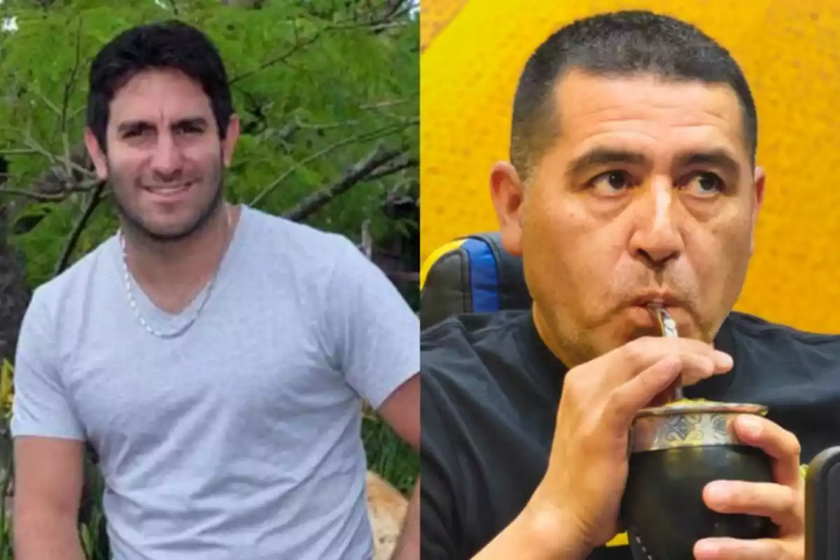 Dos hombres en una imagen dividida, uno a la izquierda con camiseta gris y fondo de vegetación, y otro a la derecha tomando mate con fondo amarillo.