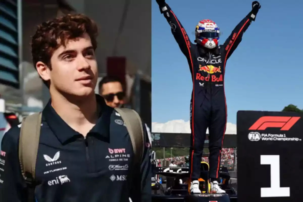 A young man in a motorsport team uniform and a driver celebrating on the Formula 1 podium.