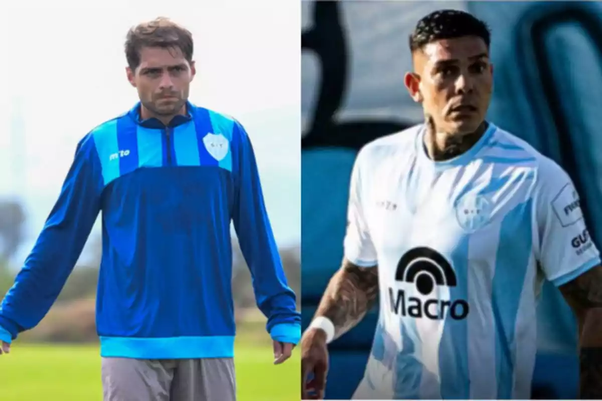 Dos jugadores de fútbol con uniformes de diferentes colores, uno en azul y otro en blanco con celeste.