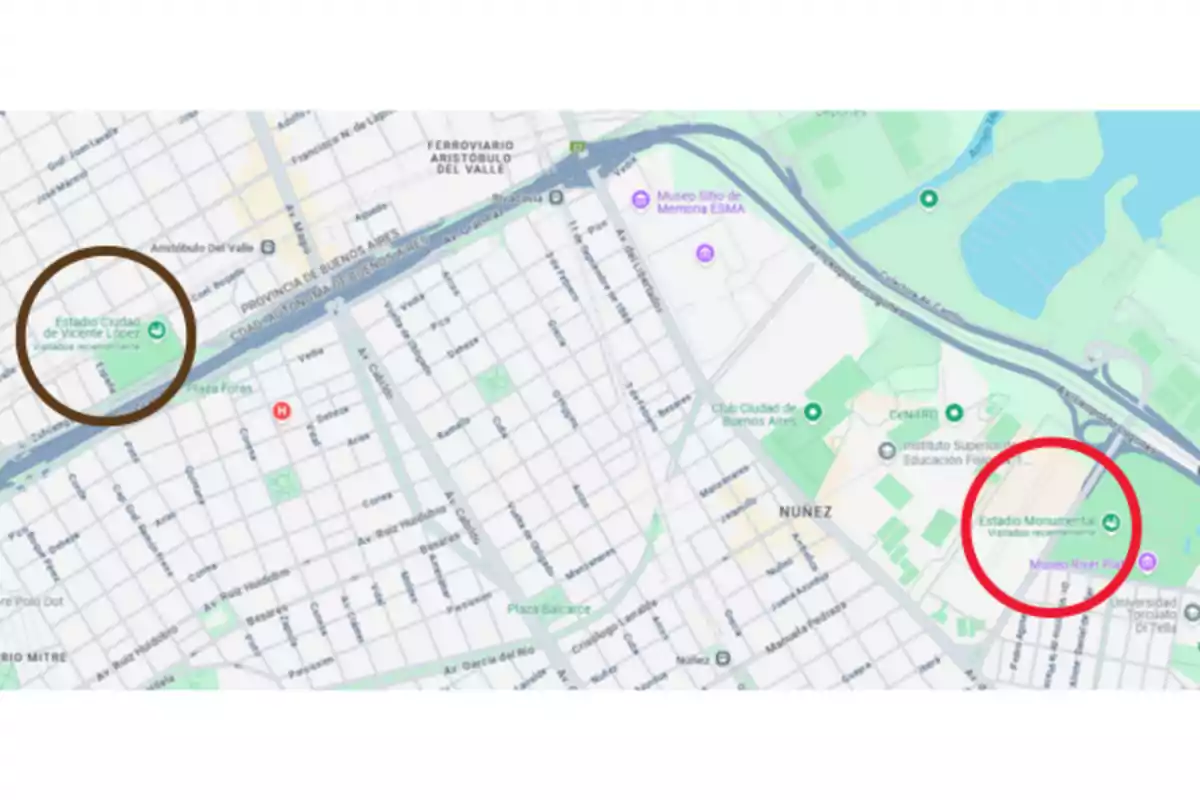 Map of an urban area showing two highlighted stadiums with circles, one in Vicente López and the other in Núñez, along with nearby streets and points of interest. Map of an urban area showing two highlighted stadiums with circles, one in Vicente López and the other in Núñez, along with nearby streets and points of interest.