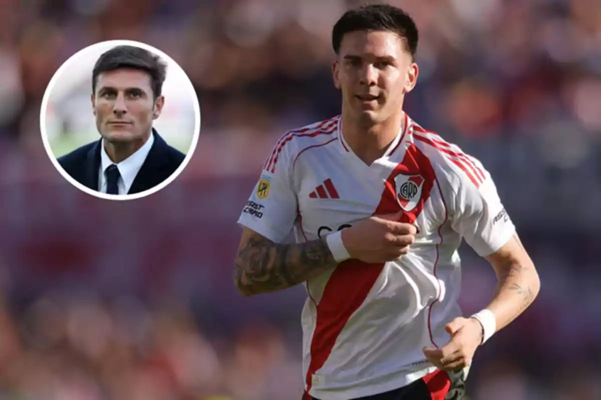 River Plate player on the field with a box showing a man in a suit in the blurred background