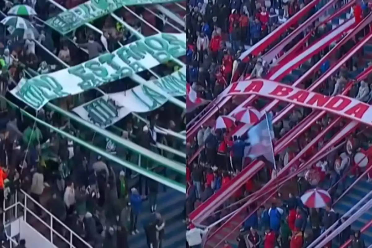 Two soccer stands full of fans, one decorated with green and white streamers and flags and the other with red and white streamers and flags Two soccer stands full of fans, one decorated with green and white streamers and flags and the other with red and white streamers and flags