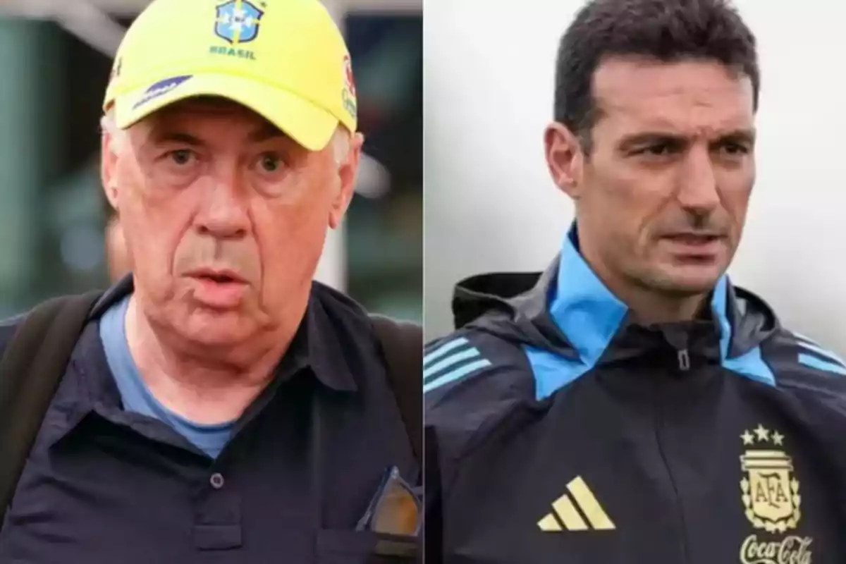 Two soccer coaches, one wearing a yellow Brazil cap and the other wearing an Argentina jacket, appear in a split image.