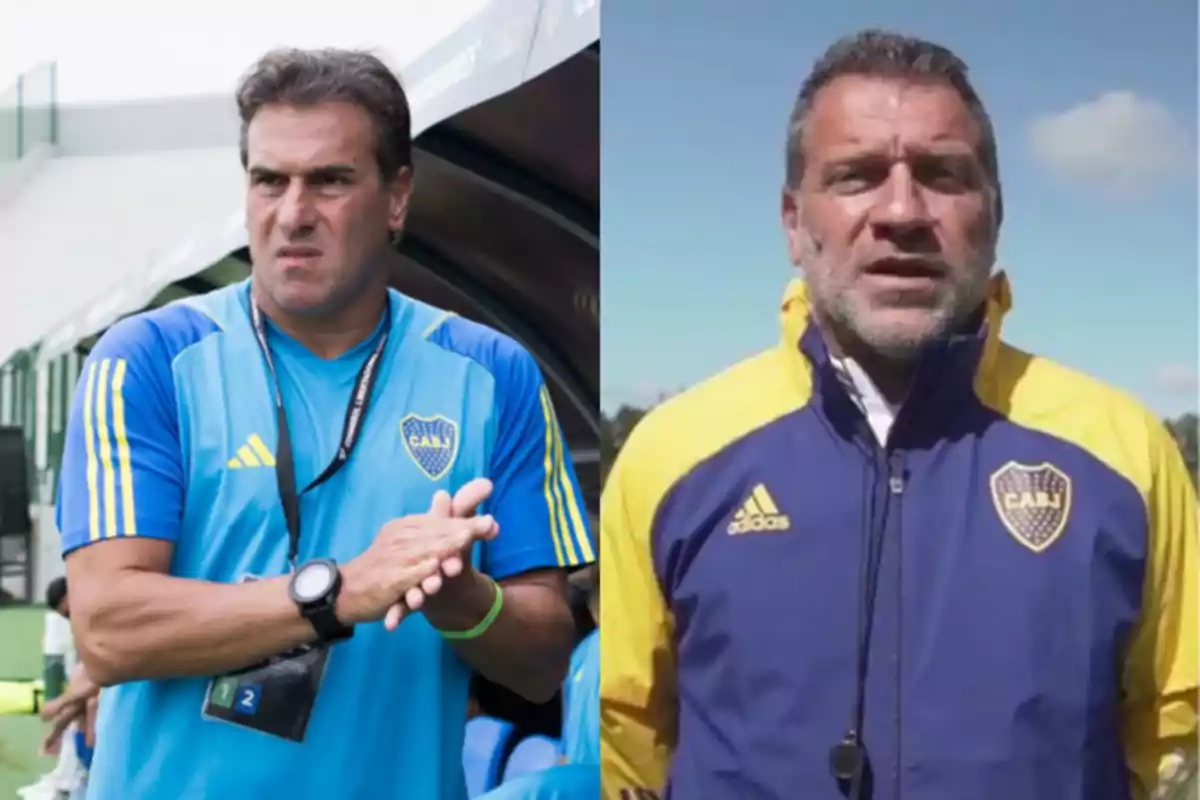 Dos hombres con ropa deportiva de Boca Juniors posan en diferentes lugares uno con camiseta celeste y otro con campera azul y amarilla Dos hombres con ropa deportiva de Boca Juniors posan en diferentes lugares uno con camiseta celeste y otro con campera azul y amarilla