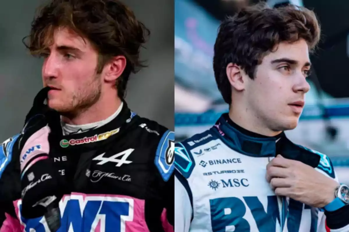 Two race car drivers wearing BWT team racing suits pose in different settings. Two race car drivers wearing BWT team racing suits pose in different settings.