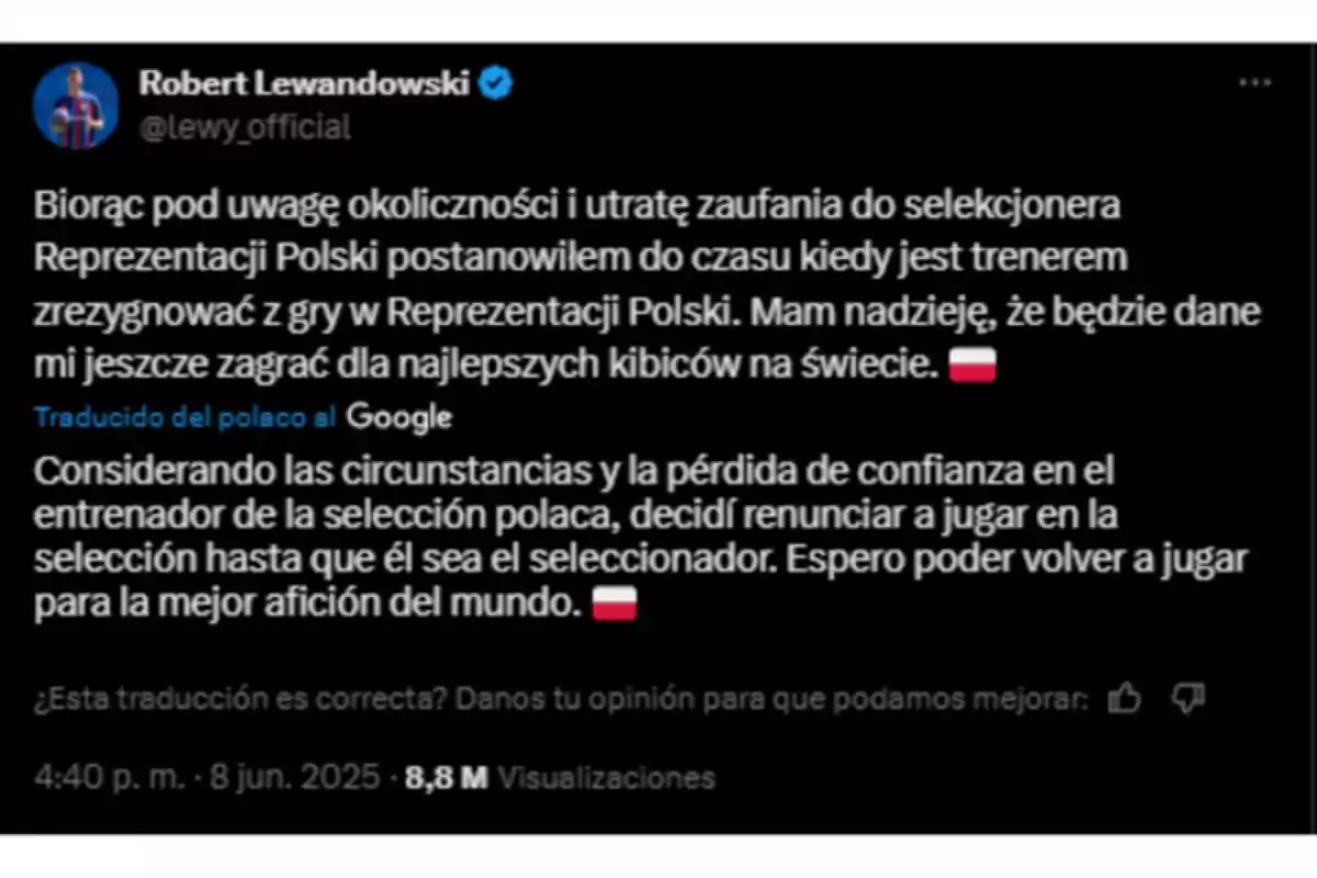 Social media post where Robert Lewandowski announces that he is leaving the Polish national team due to a lack of confidence in the coach and expresses his desire to play again in the future for the Polish fans. Social media post where Robert Lewandowski announces that he is leaving the Polish national team due to a lack of confidence in the coach and expresses his desire to play again in the future for the Polish fans.