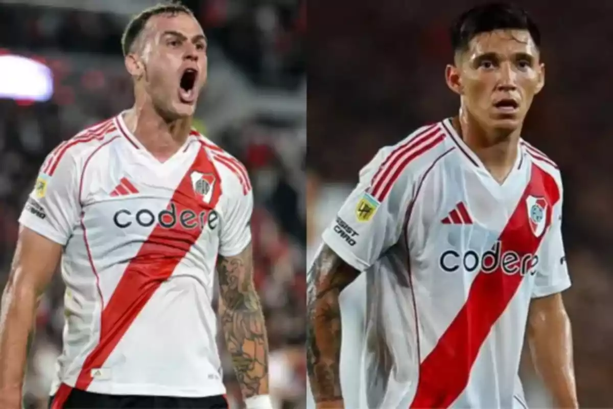 Two players wearing River Plate jerseys during a match, one celebrating enthusiastically and the other with a serious expression. Two players wearing River Plate jerseys during a match, one celebrating enthusiastically and the other with a serious expression.