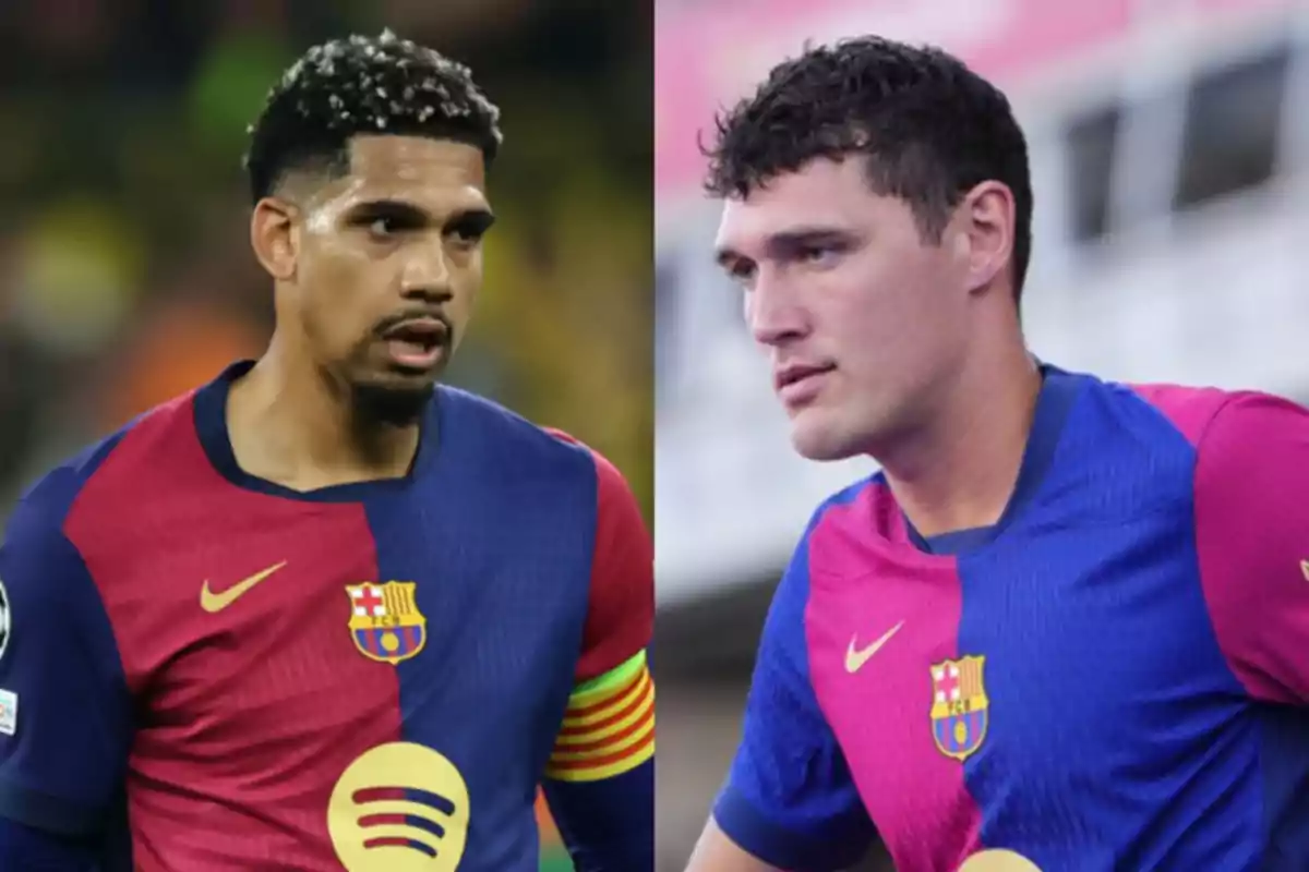 Two FC Barcelona players in the blue and garnet uniform in a split-screen montage Two FC Barcelona players in the blue and garnet uniform in a split-screen montage