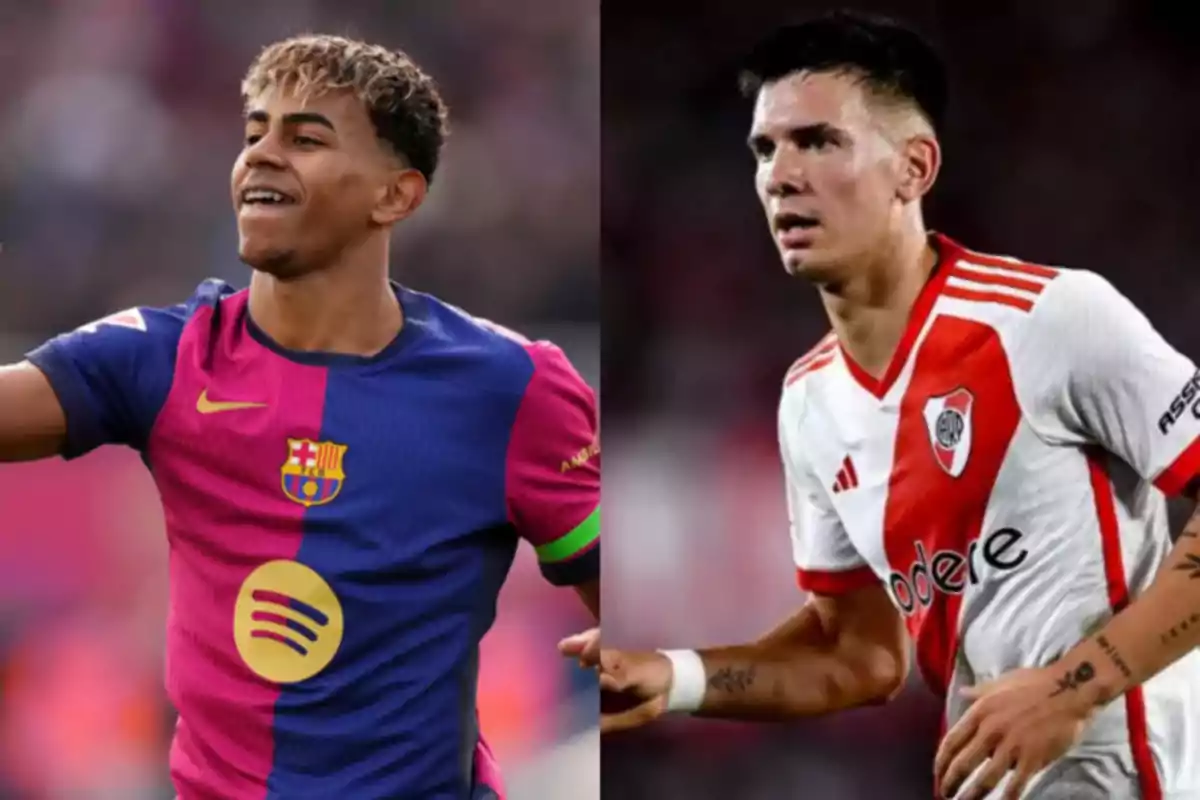 Dos futbolistas en acción, uno con uniforme azul y rosa y el otro con uniforme blanco y rojo. Dos futbolistas en acción, uno con uniforme azul y rosa y el otro con uniforme blanco y rojo.