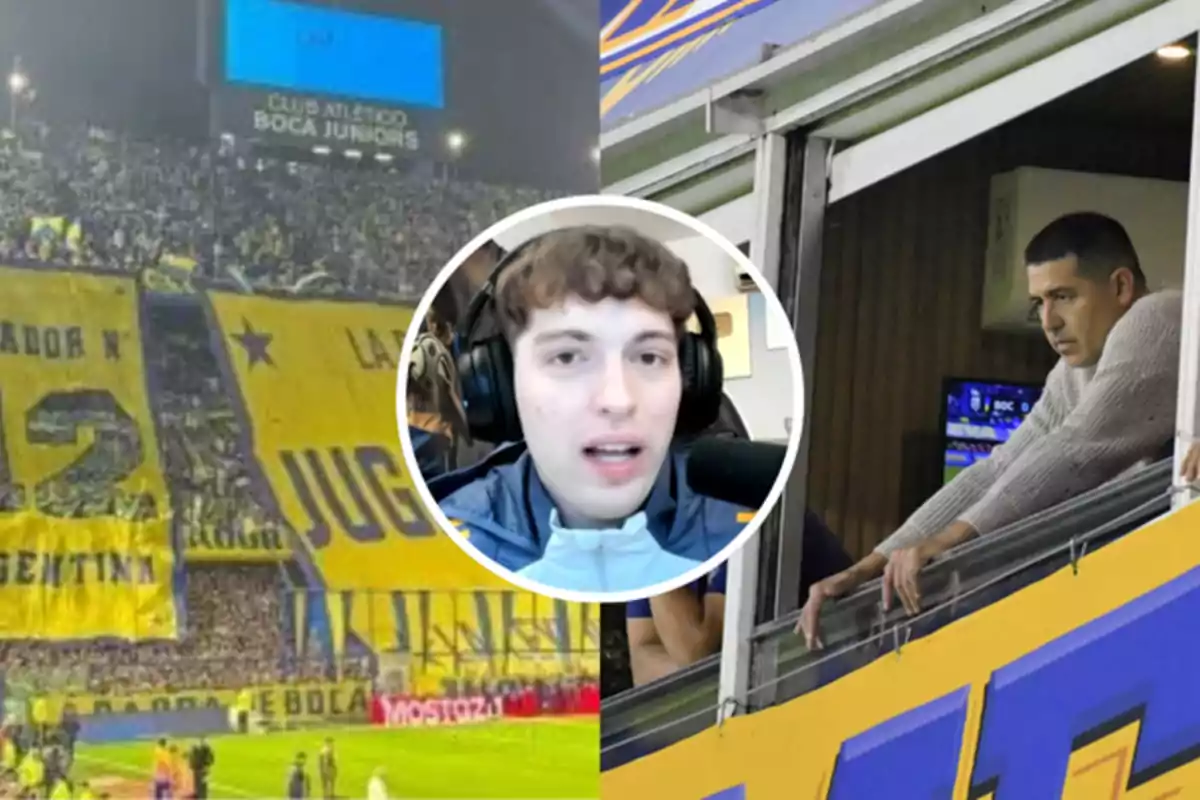 A split image shows on the left a stadium full of fans with a large yellow and blue flag of Club Atlético Boca Juniors, while on the right there is a man leaning out from a box; in the center, a circle with the image of a young man with headphones in front of a microphone.