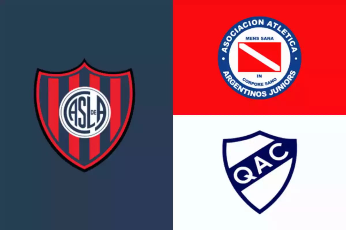 Badges of three Argentine soccer teams: San Lorenzo, Argentinos Juniors, and Quilmes. Badges of three Argentine soccer teams: San Lorenzo, Argentinos Juniors, and Quilmes.