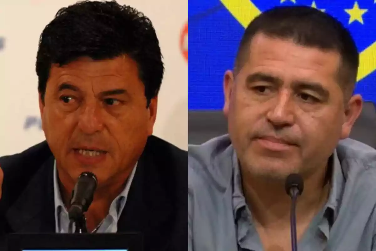 Two men at a press conference, one with dark hair and the other with short hair, both in front of microphones. Two men at a press conference, one with dark hair and the other with short hair, both in front of microphones.