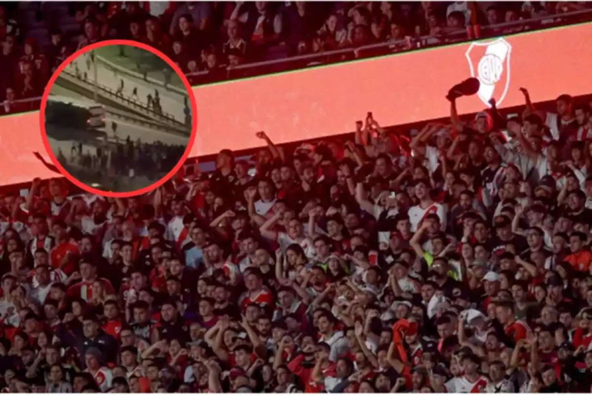 A crowd of people in a soccer stadium, with an inset showing a scene of people walking down a nearby street.