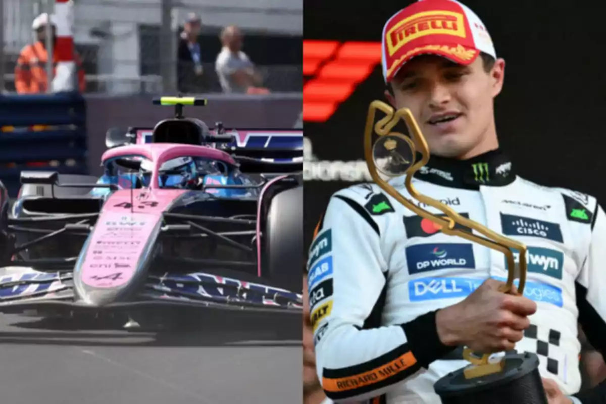 Un auto de carreras en movimiento y un piloto sosteniendo un trofeo.