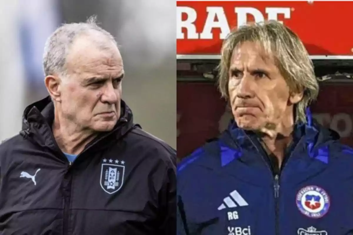 Two soccer coaches with serious expressions, one wearing a Uruguay jacket and the other wearing a Chile jacket, looking in opposite directions. Two soccer coaches with serious expressions, one wearing a Uruguay jacket and the other wearing a Chile jacket, looking in opposite directions.