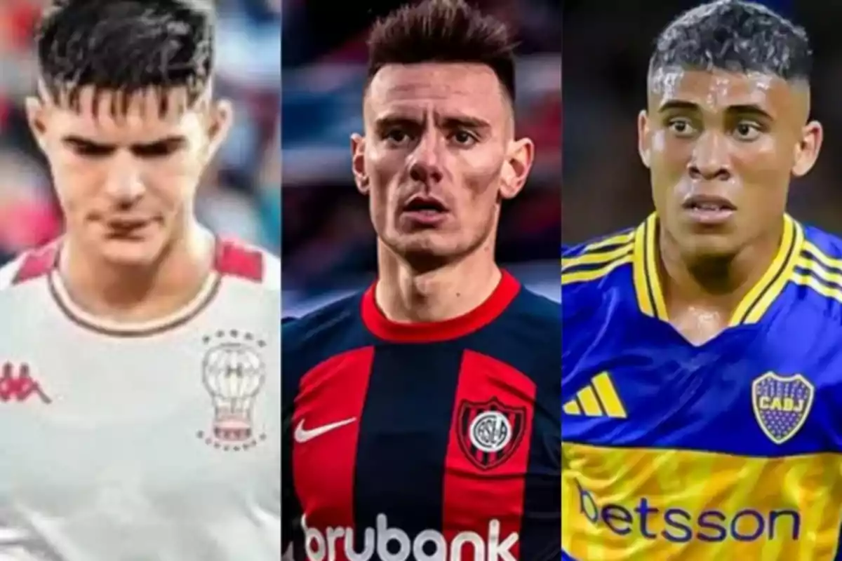 Three players wearing Huracán, San Lorenzo, and Boca Juniors jerseys looking forward Three players wearing Huracán, San Lorenzo, and Boca Juniors jerseys looking forward