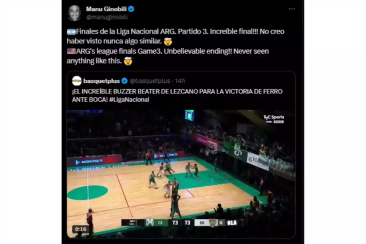 Screenshot of a tweet by Manu Ginóbili commenting on a National Basketball League final in Argentina, highlighting an unbelievable ending in the third game, accompanied by a video of a decisive play between Ferro and Boca. Screenshot of a tweet by Manu Ginóbili commenting on a National Basketball League final in Argentina, highlighting an unbelievable ending in the third game, accompanied by a video of a decisive play between Ferro and Boca.