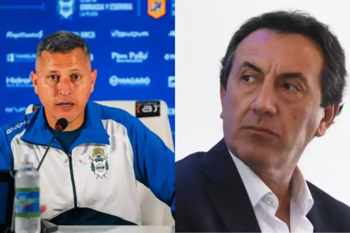 Two men in a split image, one on the left in a blue and white sports jacket speaking at a press conference, and the other on the right in a dark suit looking to the side. Two men in a split image, one on the left in a blue and white sports jacket speaking at a press conference, and the other on the right in a dark suit looking to the side.