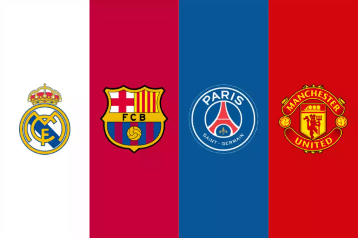 Logos de cuatro equipos de fútbol en franjas verticales de diferentes colores. Logos de cuatro equipos de fútbol en franjas verticales de diferentes colores.