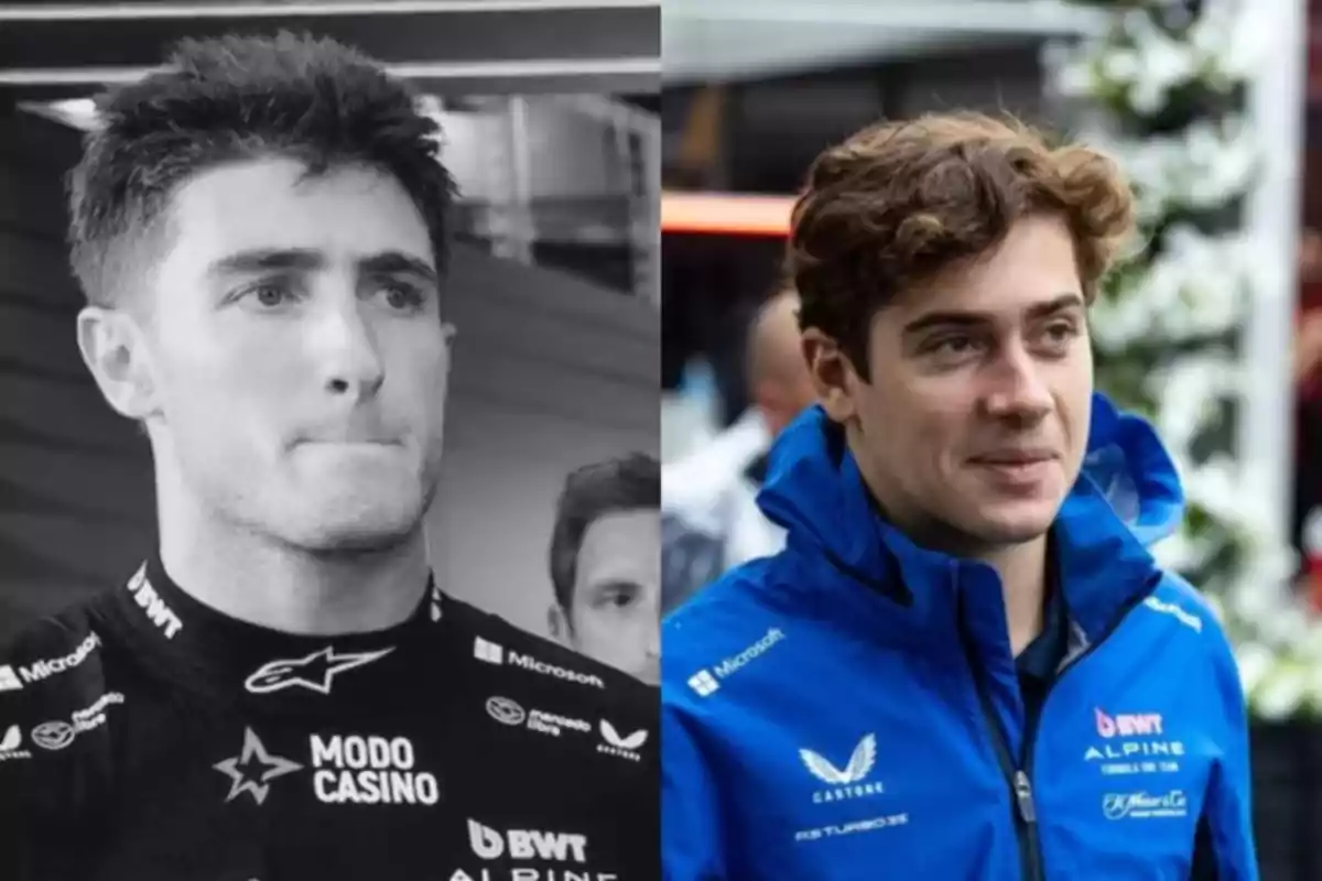 Dos hombres con ropa de carreras de la marca Alpine, uno en blanco y negro y otro en color.