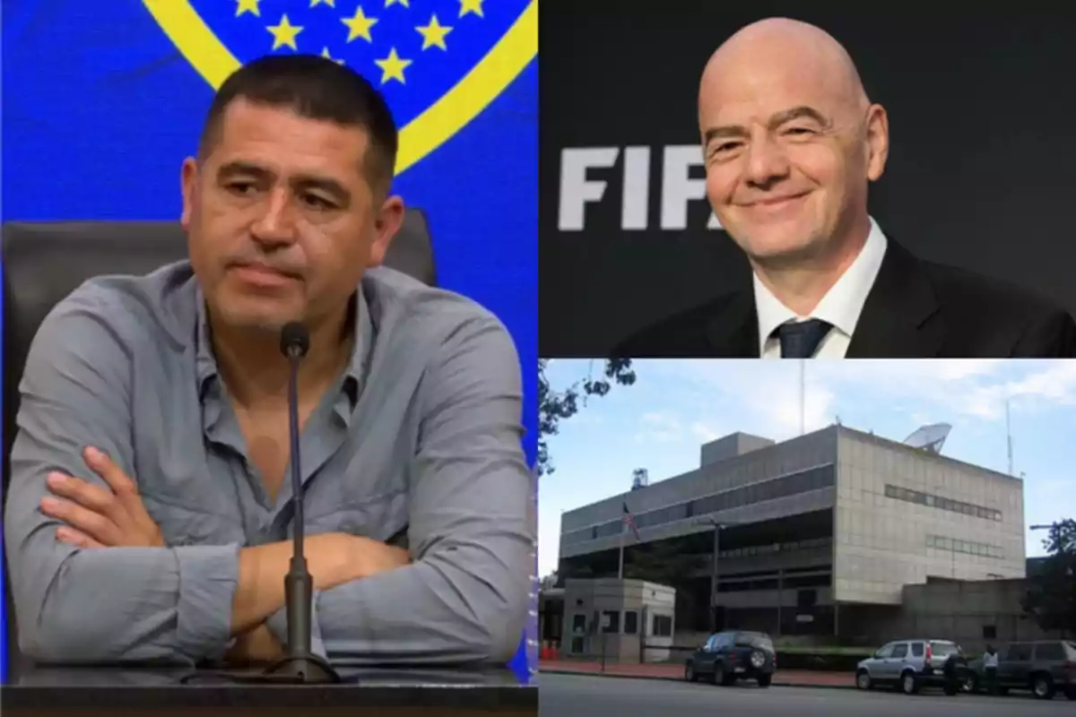A man at a press conference, a man smiling with a FIFA background, and a large building with cars parked in front. A man at a press conference, a man smiling with a FIFA background, and a large building with cars parked in front.