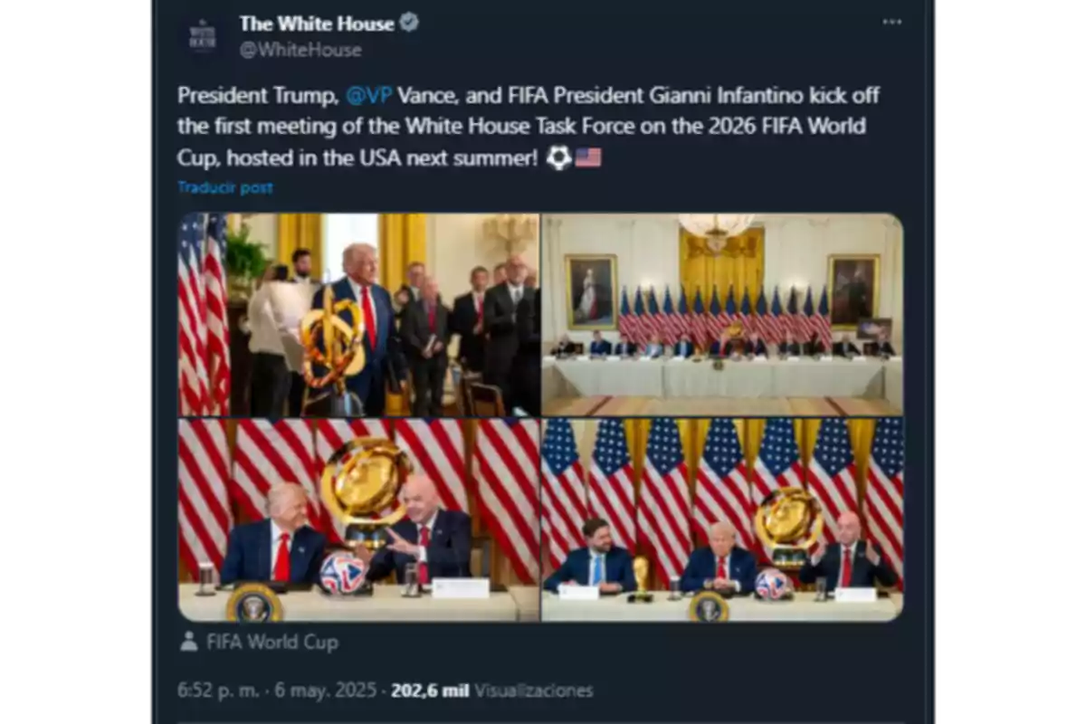Una serie de imágenes muestra a varias personas en una reunión formal con banderas estadounidenses de fondo, en una de las fotos se observa a dos hombres sentados en una mesa con un balón de fútbol y un trofeo dorado. Una serie de imágenes muestra a varias personas en una reunión formal con banderas estadounidenses de fondo, en una de las fotos se observa a dos hombres sentados en una mesa con un balón de fútbol y un trofeo dorado.