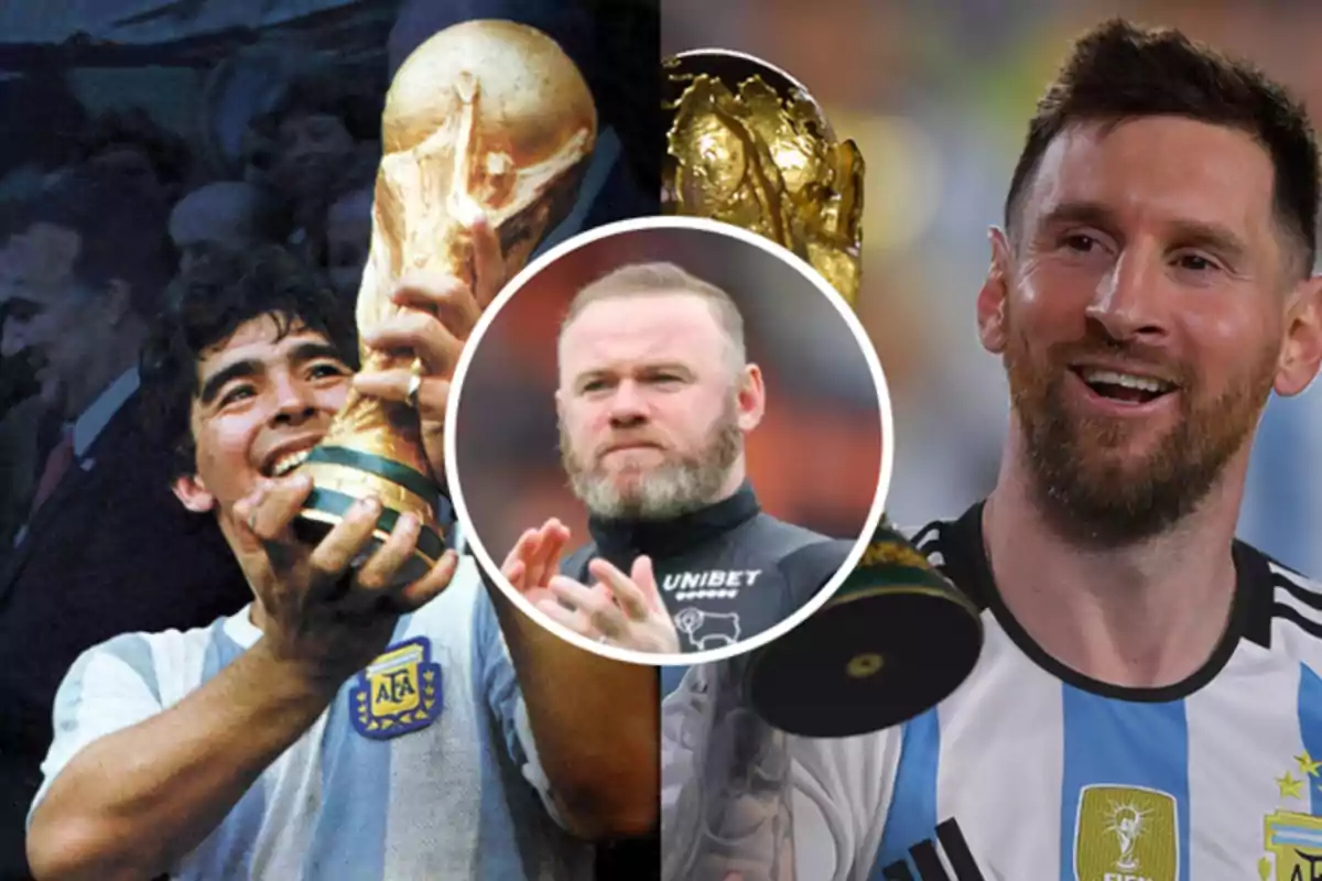 Tres personas con trofeos de la Copa del Mundo en diferentes momentos.
