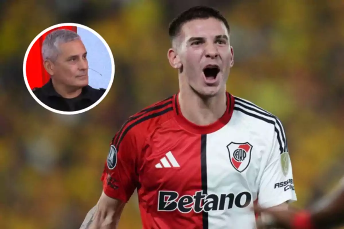 A player wearing the River Plate jersey celebrates effusively while another person is shown watching in a box.