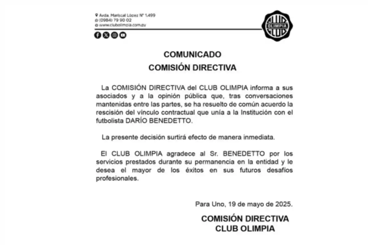 Comunicado del Club Olimpia anunciando la rescisión del contrato con el futbolista Darío Benedetto por acuerdo mutuo, agradeciendo sus servicios y deseándole éxito en el futuro. Comunicado del Club Olimpia anunciando la rescisión del contrato con el futbolista Darío Benedetto por acuerdo mutuo, agradeciendo sus servicios y deseándole éxito en el futuro.