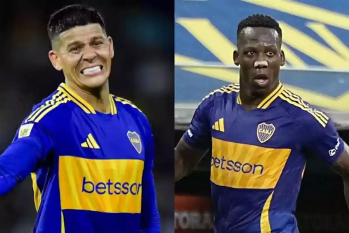 Two players in blue and yellow Boca Juniors uniforms, one with a look of effort and the other with a look of surprise. Two players in blue and yellow Boca Juniors uniforms, one with a look of effort and the other with a look of surprise.