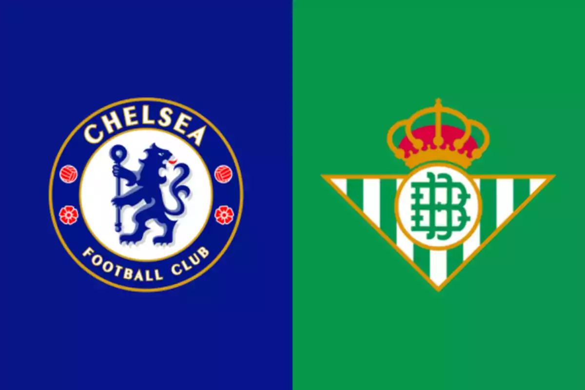 Escudos de los equipos de fútbol Chelsea y Real Betis sobre fondos azul y verde respectivamente Escudos de los equipos de fútbol Chelsea y Real Betis sobre fondos azul y verde respectivamente