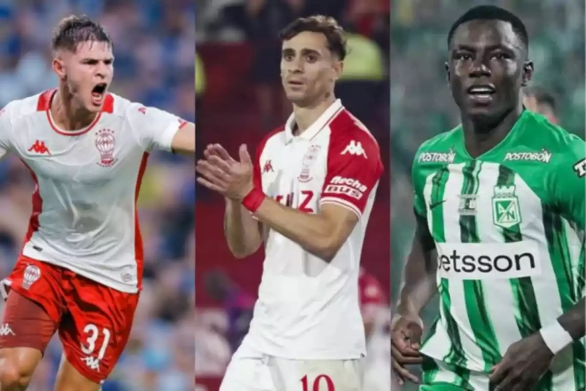 Tres futbolistas en primer plano, dos con uniforme blanco y rojo de Huracán y uno con uniforme verde y blanco de Atlético Nacional Tres futbolistas en primer plano, dos con uniforme blanco y rojo de Huracán y uno con uniforme verde y blanco de Atlético Nacional