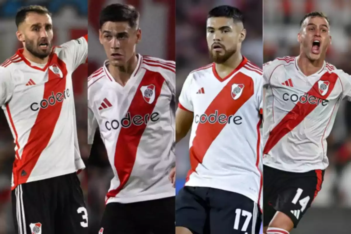 Four players wearing white uniforms with a diagonal red stripe from River Plate club celebrating on the field Four players wearing white uniforms with a diagonal red stripe from River Plate club celebrating on the field