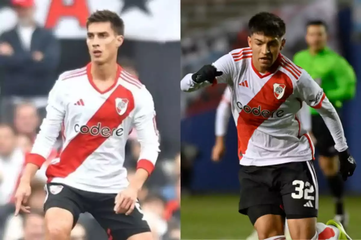 Dos futbolistas con uniforme de River Plate en acción durante un partido Dos futbolistas con uniforme de River Plate en acción durante un partido