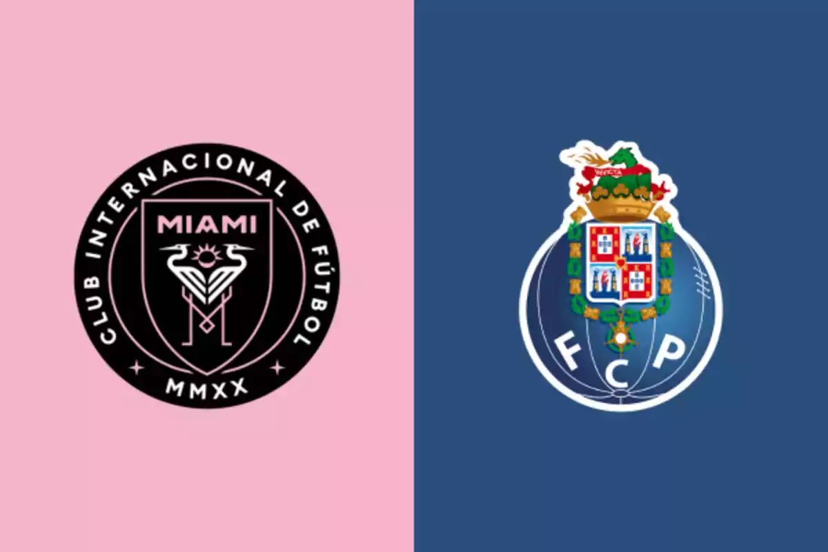 Badges of the soccer teams Inter Miami and Porto on pink and blue backgrounds, respectively Badges of the soccer teams Inter Miami and Porto on pink and blue backgrounds, respectively