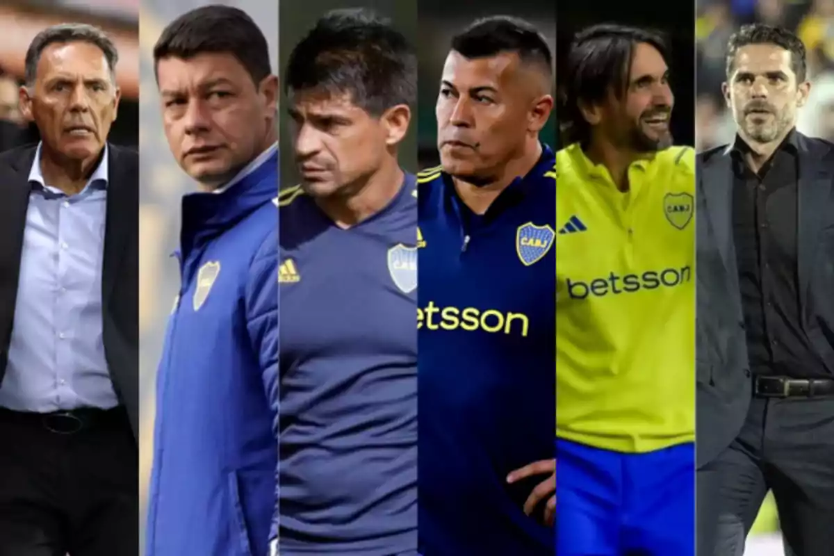 Six men in different sports and formal outfits, all with a soccer club crest on their clothing. Six men in different sports and formal outfits, all with a soccer club crest on their clothing.