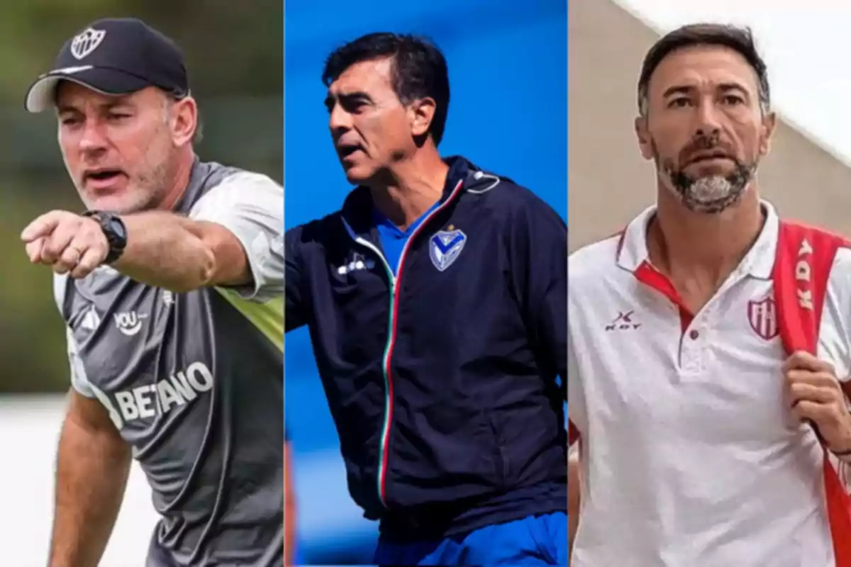 Three men in sportswear, each in a separate image, one pointing, another with a blue jacket, and the third with a white and red t-jersey. Three men in sportswear, each in a separate image, one pointing, another with a blue jacket, and the third with a white and red t-jersey.