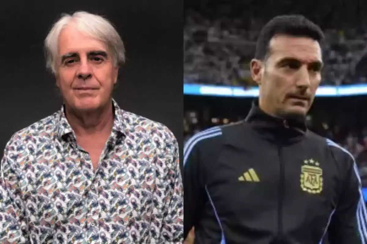 Dos hombres en una imagen dividida, uno con camisa estampada y cabello canoso, el otro con chaqueta deportiva negra con el logo de la AFA. Dos hombres en una imagen dividida, uno con camisa estampada y cabello canoso, el otro con chaqueta deportiva negra con el logo de la AFA.
