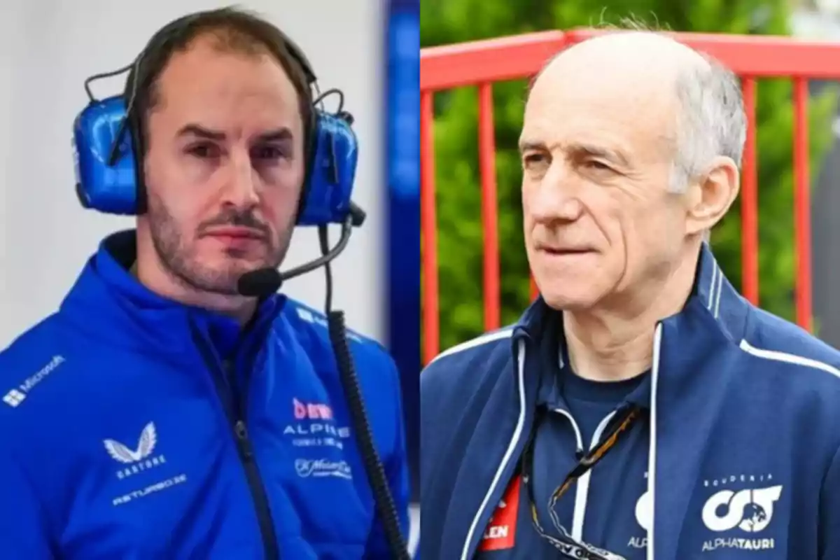 Dos hombres con chaquetas de equipos de automovilismo, uno lleva auriculares con micrófono y el otro está al aire libre. Dos hombres con chaquetas de equipos de automovilismo, uno lleva auriculares con micrófono y el otro está al aire libre.