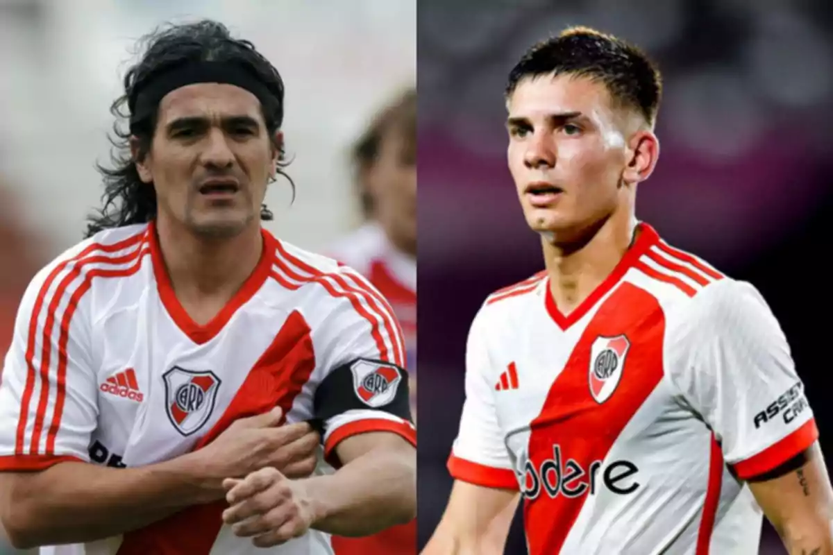 Two players wearing River Plate jerseys, one with long hair and a headband, the other with short hair. Two players wearing River Plate jerseys, one with long hair and a headband, the other with short hair.